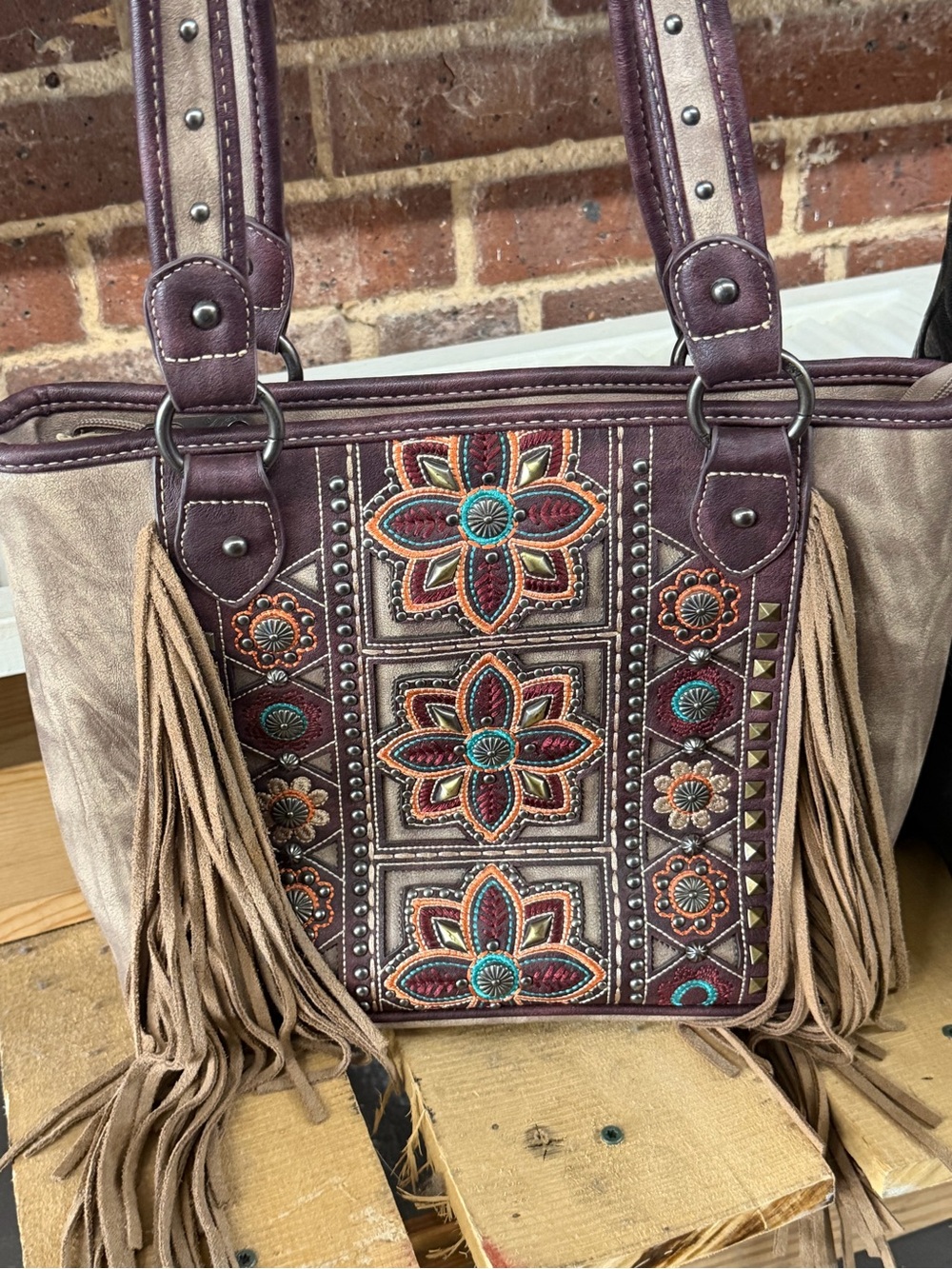 American west conceal carry Embroidered Fringe Tote Bag in Taupe and Plum